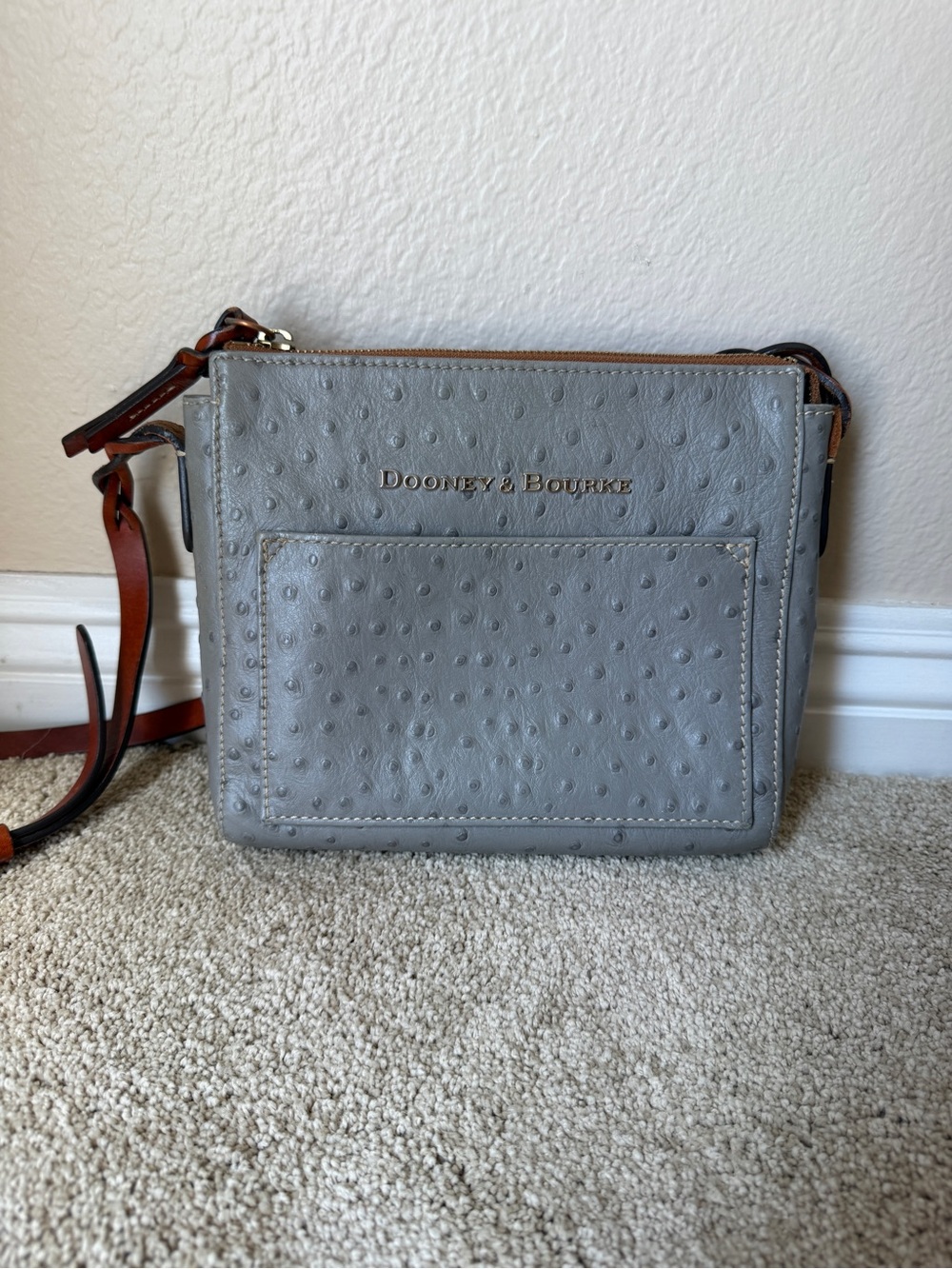Dooney & Bourke Gray Embossed Leather Crossbody with Brown Strap